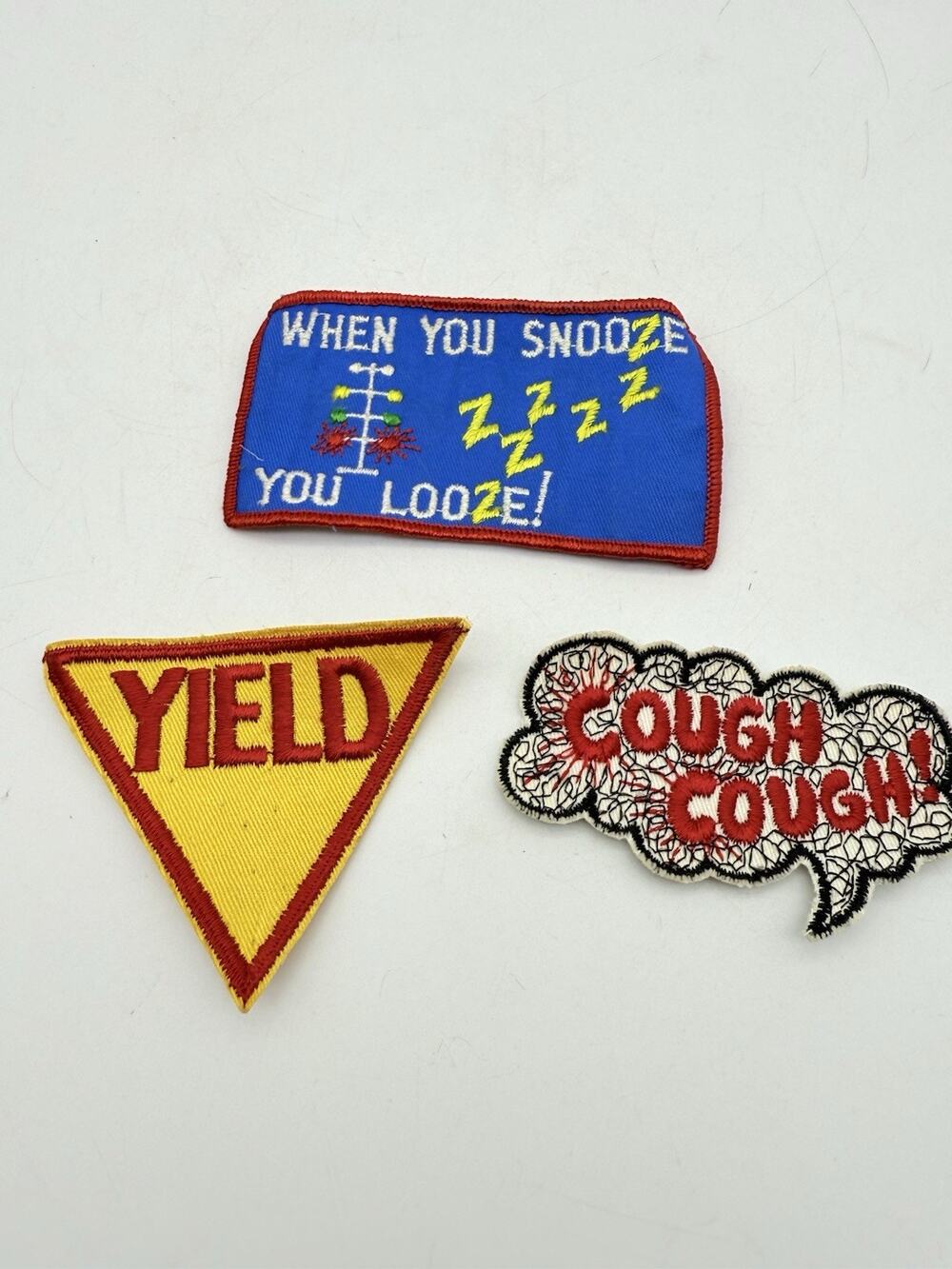 3 Vintage Embroidery Patches Yeild, You Snooze You Loose, Cough